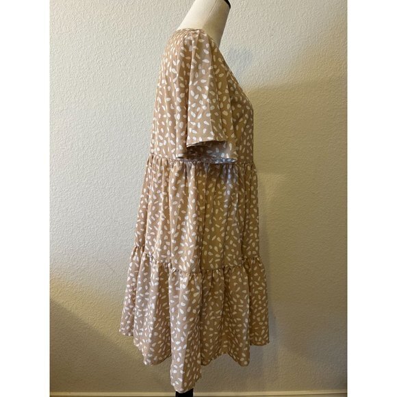 EUC Women's Shein Peasant Dress Khaki Tan‎ White Size Medium - Picture 2 of 13